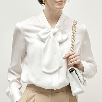 여성 실키 타이넥 블라우스