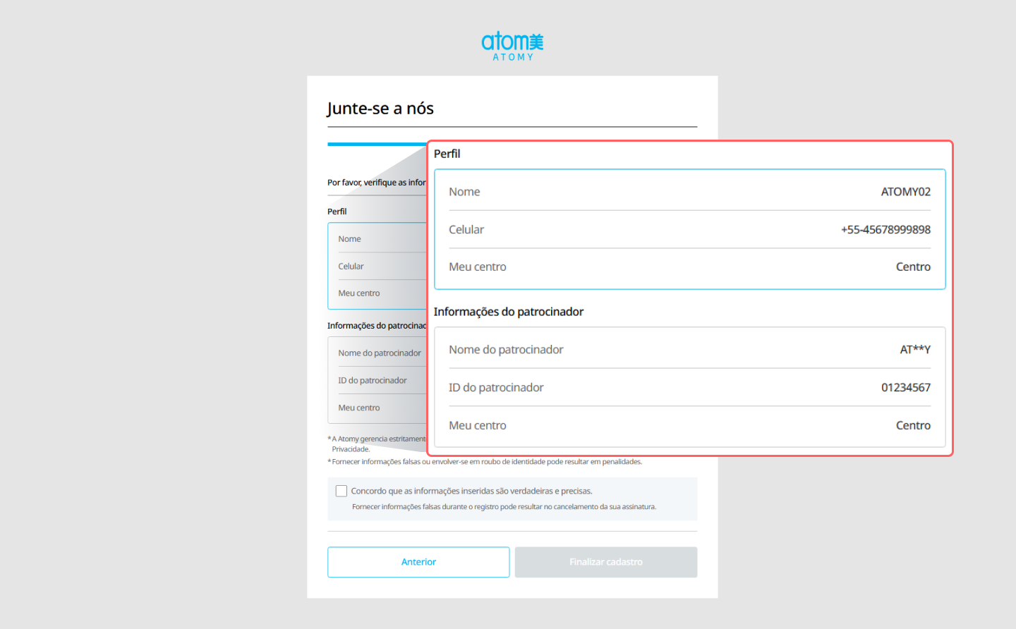 Atomy Brazil Bolivia Revisão das Informações do Membro
